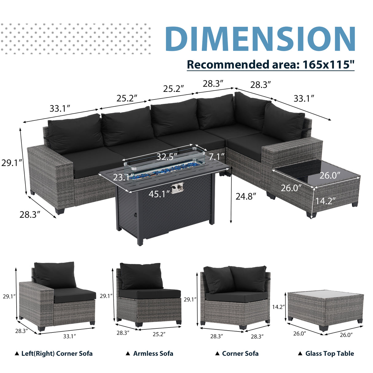 JOIVI 7 Pieces Patio Furniture Set with 45” Fire Pit Table, Rattan Sectional Sofa and Table Set with 50,000 BTU Gas Fire Pit