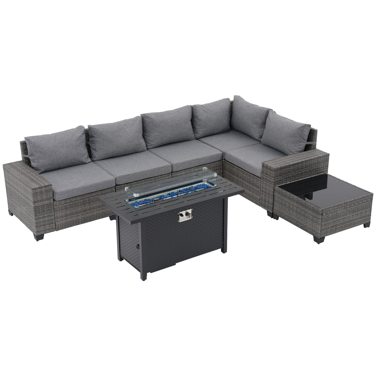 JOIVI 7 Pieces Patio Furniture Set with 45” Fire Pit Table, Rattan Sectional Sofa and Table Set with 50,000 BTU Gas Fire Pit