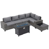 JOIVI 7 Pieces Patio Furniture Set with 45” Fire Pit Table, Rattan Sectional Sofa and Table Set with 50,000 BTU Gas Fire Pit