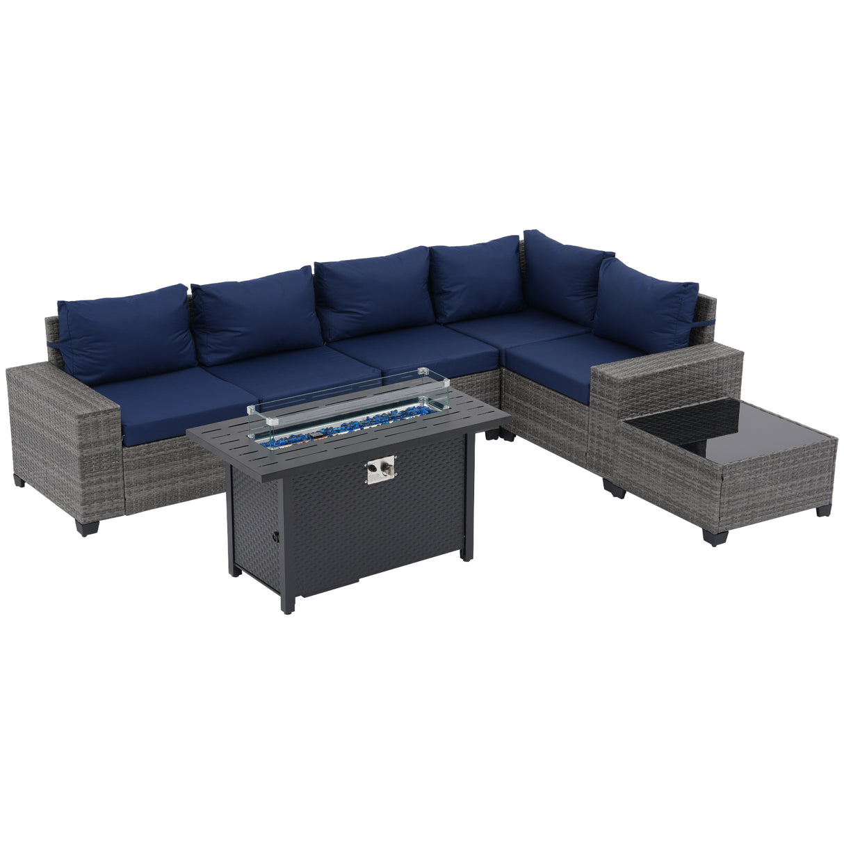JOIVI 7 Pieces Patio Furniture Set with 45” Fire Pit Table, Rattan Sectional Sofa and Table Set with 50,000 BTU Gas Fire Pit