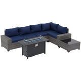 JOIVI 7 Pieces Patio Furniture Set with 45” Fire Pit Table, Rattan Sectional Sofa and Table Set with 50,000 BTU Gas Fire Pit