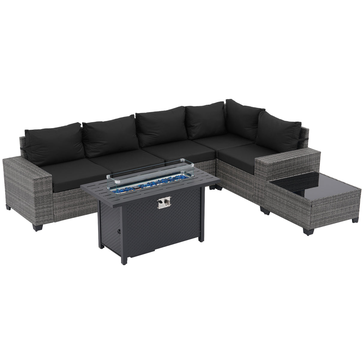 JOIVI 7 Pieces Patio Furniture Set with 45” Fire Pit Table, Rattan Sectional Sofa and Table Set with 50,000 BTU Gas Fire Pit