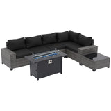 JOIVI 7 Pieces Patio Furniture Set with 45” Fire Pit Table, Rattan Sectional Sofa and Table Set with 50,000 BTU Gas Fire Pit