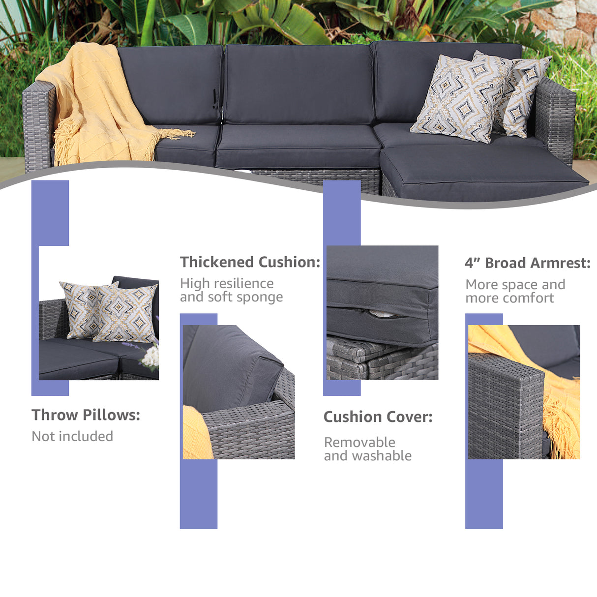 OC Orange-Casual Modern Outdoor Patio Furniture Set，5-Piece Gray Wicker Sectional Sofa, with Cushions and Coffee Table