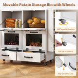 JOIVI 35.1" Potato and Onion Storage Bin on Wheels, 4-Tier Rolling Fruit and Vegetable Organizer with Side Rack & 2 Drawers, Movable Bread Box Cabinet with Mesh Doors for Kitchen