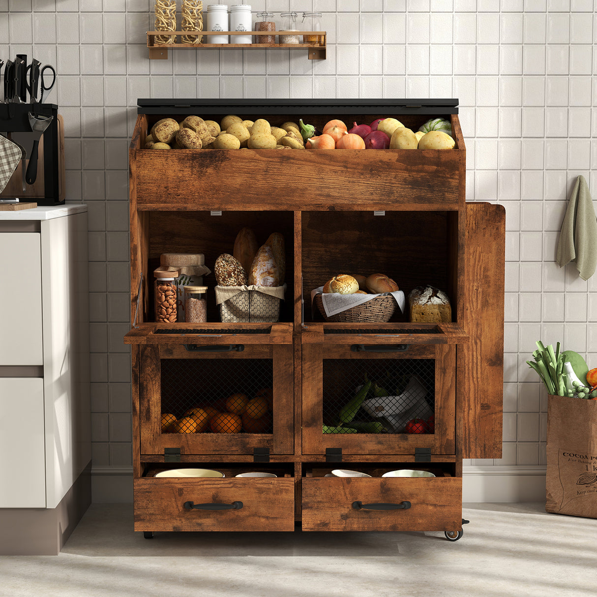 JOIVI 35.1" Potato and Onion Storage Bin on Wheels, 4-Tier Rolling Fruit and Vegetable Organizer with Side Rack & 2 Drawers, Movable Bread Box Cabinet with Mesh Doors for Kitchen