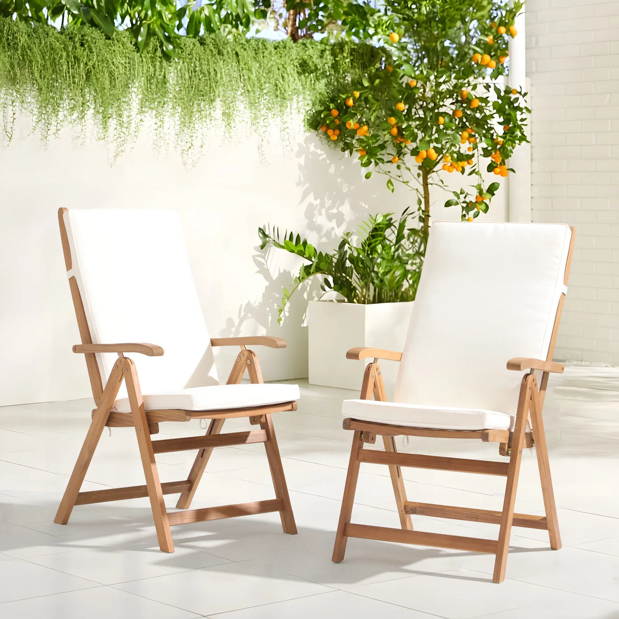 Folding Patio Dining Chair Set of 2, Outdoor Acacia Wooden Reclining Chair w/Armrest & Removeable Cushion, FSC Certified Wood, for Porch, Backyard, Garden, Indoor, No Assembly