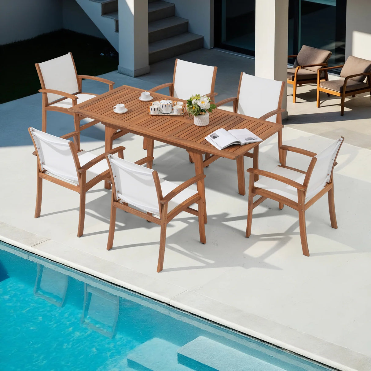 Outdoor Dining Chair with Textilene Fabric, Outdoor Acacia Wooden Chair, Ergonomic Armrests & Sturdy Wooden Frame, Set of 6