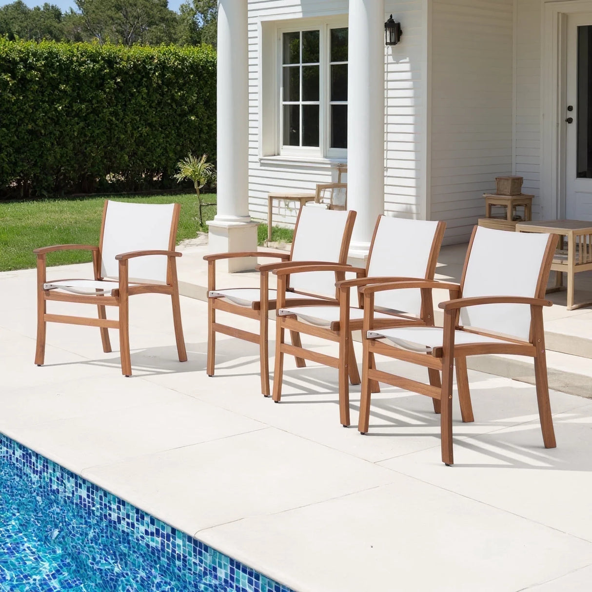 Outdoor Dining Chair with Textilene Fabric, Outdoor Acacia Wooden Chair, Ergonomic Armrests & Sturdy Wooden Frame, Set of 4