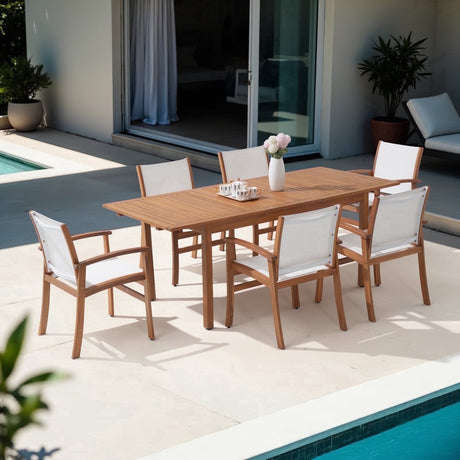 JOIVI Outdoor Patio Dining Set of 7, with Textilene Fabric Chairs, 4-8 Seater Patio Furniture, Adjustable Feet, Expandable Wood Table