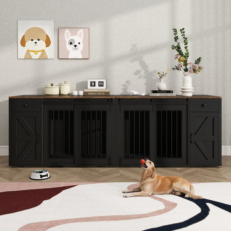 JOIVI 88" Dog Crate Furniture with Double Sliding Barn Doors & Drawers for 2 Dogs, Indoor Wooden Dog Kennel with Removable Divider