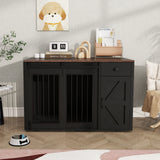 JOIVI  44" Dog Crate Furniture, Wooden Dog Kennel with Sliding Barn Door, Drawer and Storage Cabinet