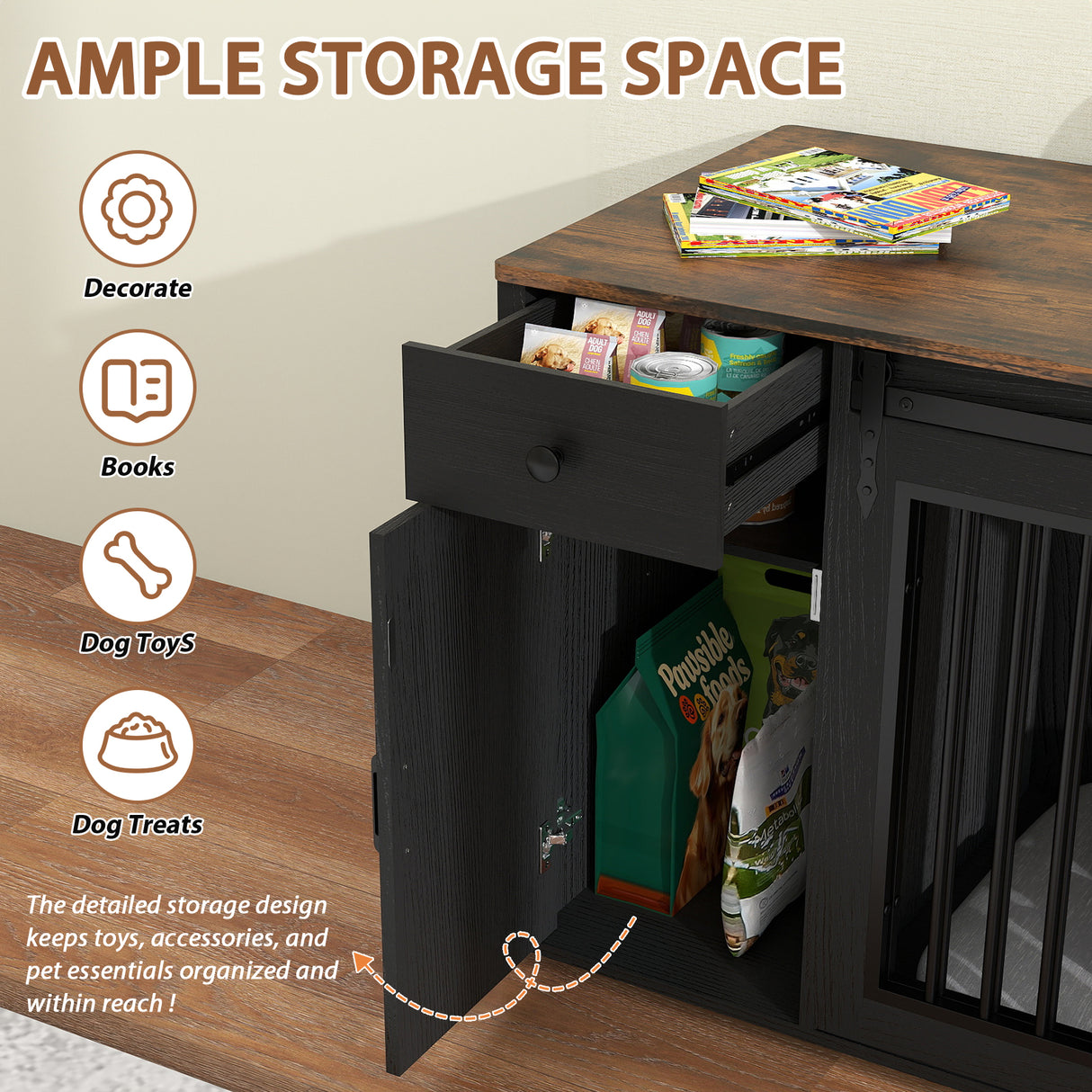 JOIVI  44" Dog Crate Furniture, Wooden Dog Kennel with Sliding Barn Door, Drawer and Storage Cabinet