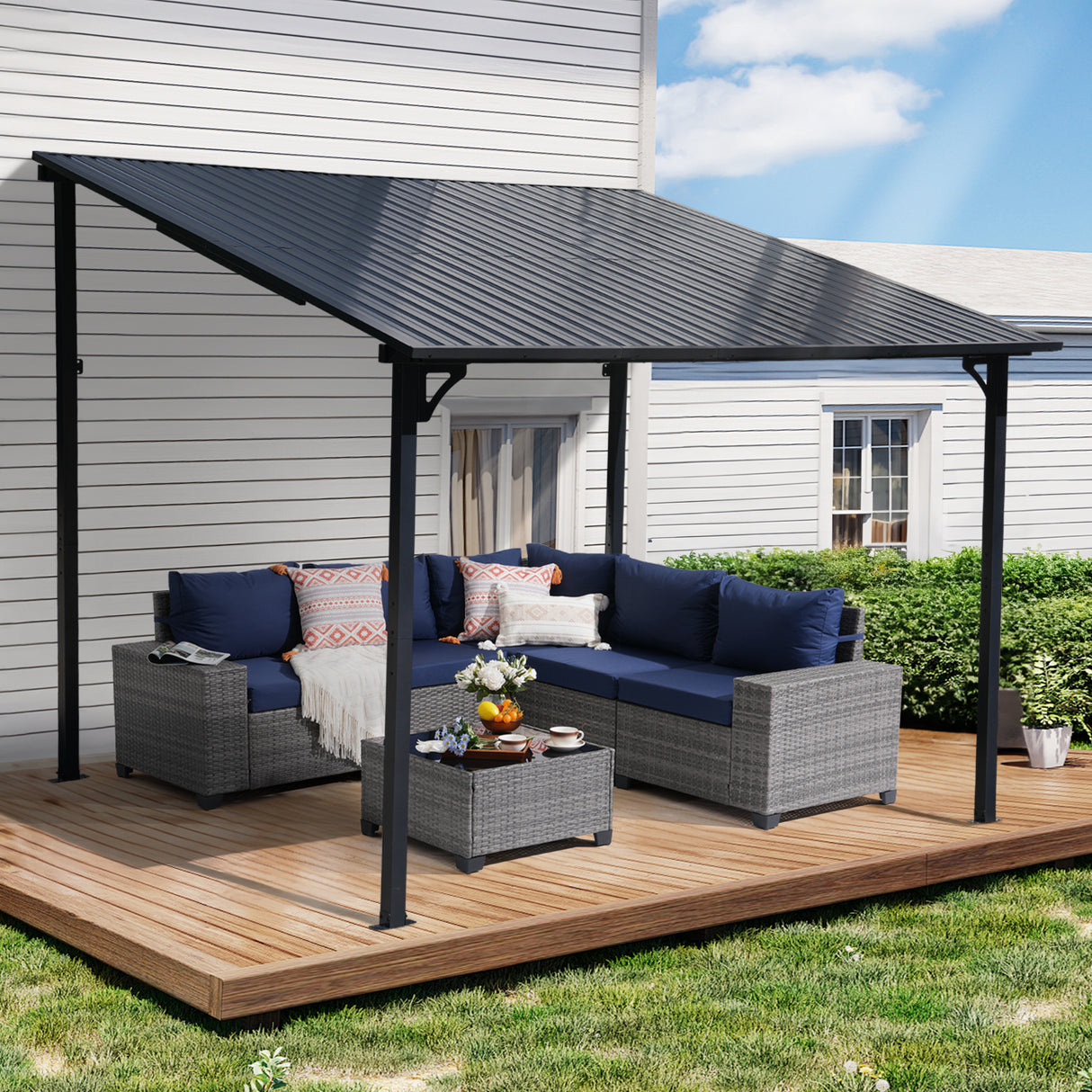 JOIVI 8' x 10' Outdoor Lean to Gazebo, Hardtop Wall Mounted Gazebo with Sloping Roof, Awnings for Patio with All-Iron Frame, Pergolas for Patio, Backyard, Deck