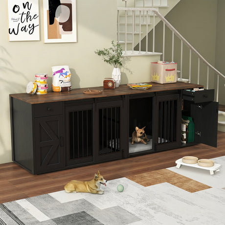 JOIVI 88" Dog Crate Furniture with Double Sliding Barn Doors & Drawers for 2 Dogs, Indoor Wooden Dog Kennel with Removable Divider