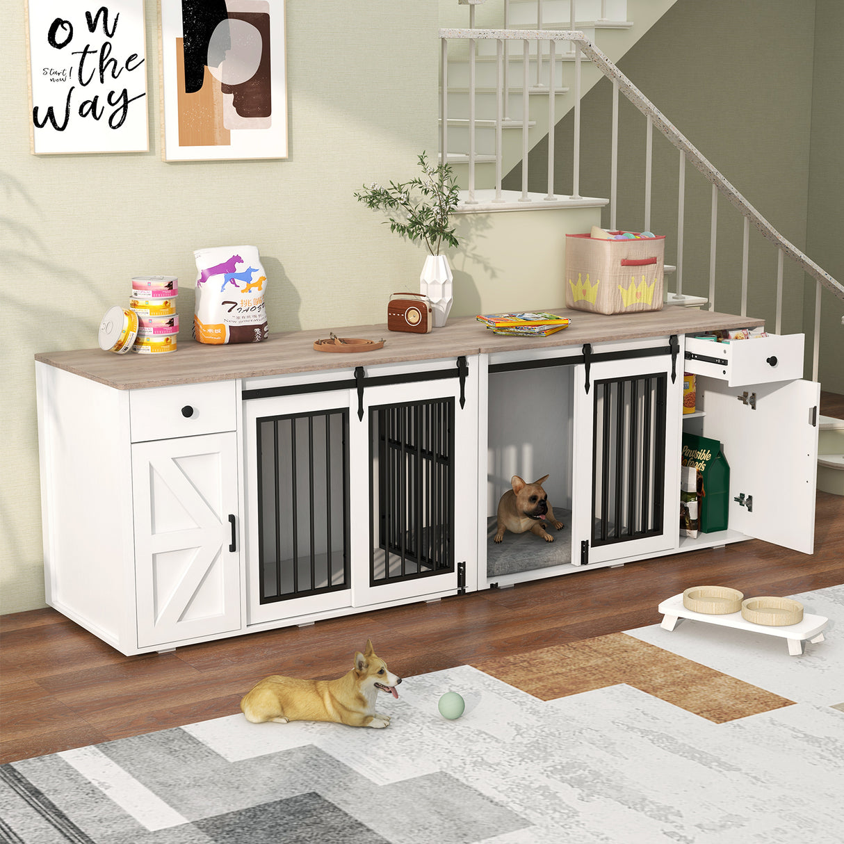 JOIVI 88" Dog Crate Furniture with Double Sliding Barn Doors & Drawers for 2 Dogs, Indoor Wooden Dog Kennel with Removable Divider