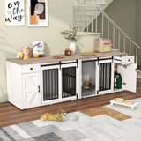JOIVI 88" Dog Crate Furniture with Double Sliding Barn Doors & Drawers for 2 Dogs, Indoor Wooden Dog Kennel with Removable Divider