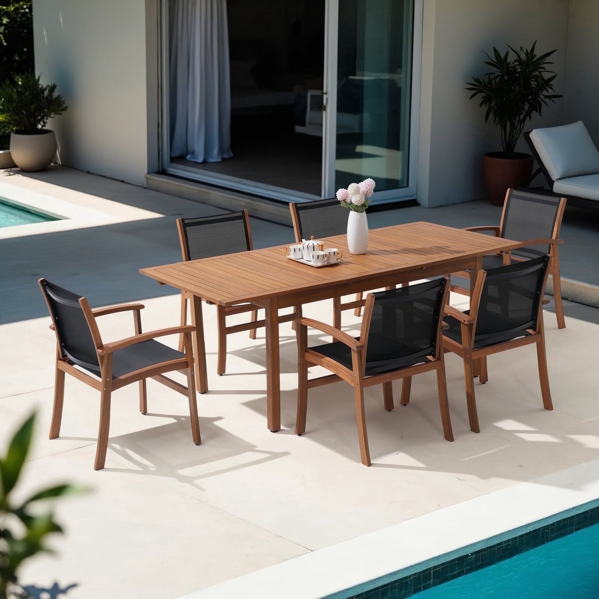 JOIVI Outdoor Patio Dining Set of 7, with Textilene Fabric Chairs, 4-8 Seater Patio Furniture, Adjustable Feet, Expandable Wood Table