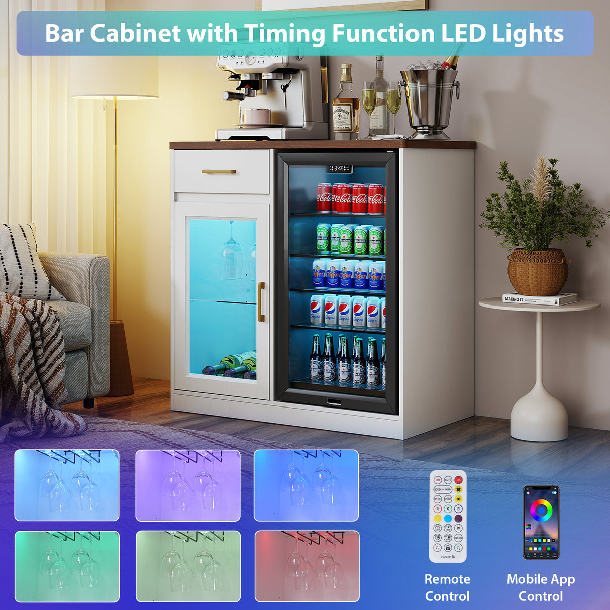 JOIVI Coffee Bar with Mini Fridge Space, Bar Cabinet with Fridge Space & Wine Storage with Outlets, Modern Wine Cabinet with LED Lights & Wine Rack for Kitchen, Living Room and Office