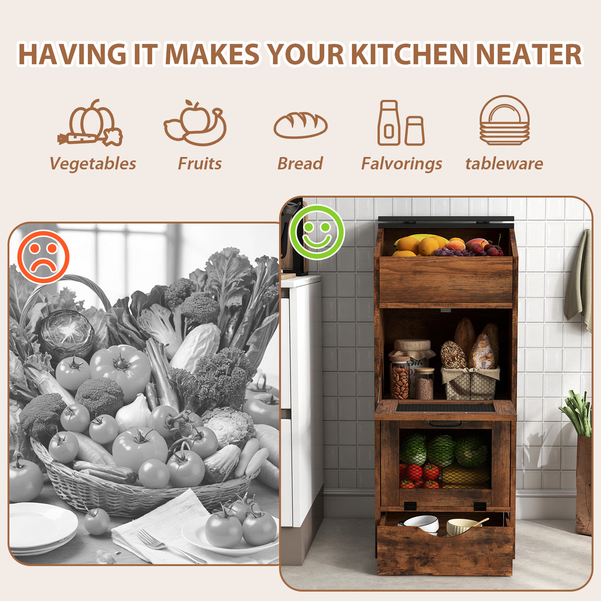 JOIVI Potato Storage Wood Bin, Wooden Bread Storage Bins with Removable Drawer & 2 Doors, 16'' Onion Organizer with Grocery Section, Vegetable Organization Cabinet for Kitchen
