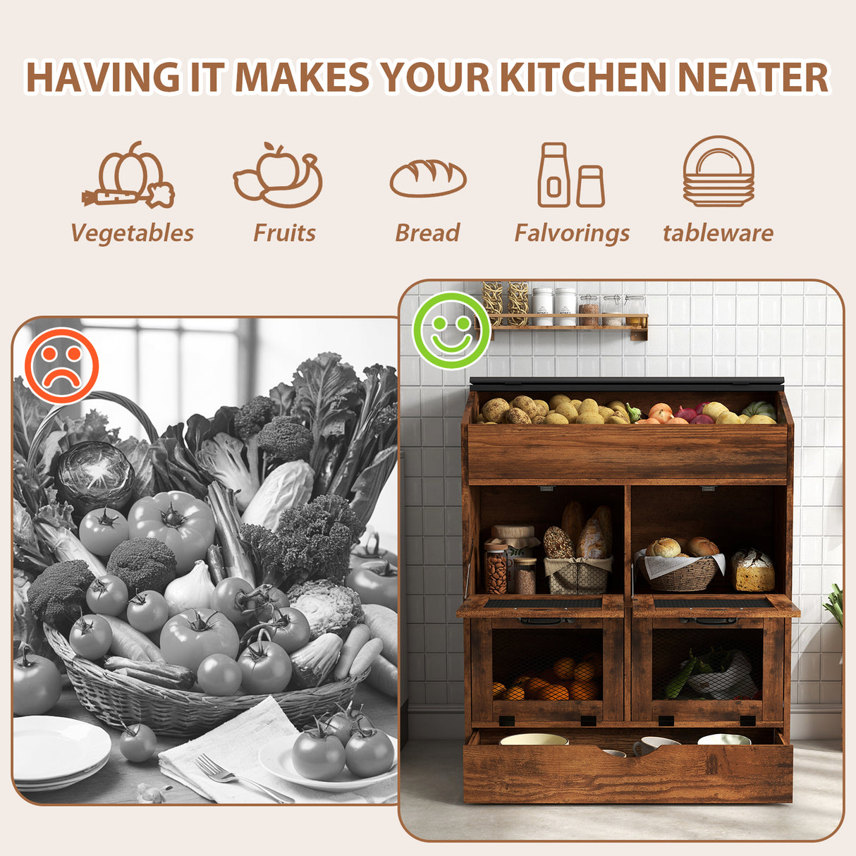 JOIVI Large Potato Storage Wood Bin, Wooden Bread Storage Bins with Removable Drawer & 4 Doors, 31'' Onion Organizer with Grocery Section, Vegetable Organization Cabinet for Kitchen