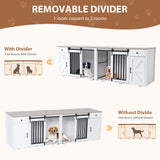 JOIVI 88" Dog Crate Furniture with Double Sliding Barn Doors & Drawers for 2 Dogs, Indoor Wooden Dog Kennel with Removable Divider