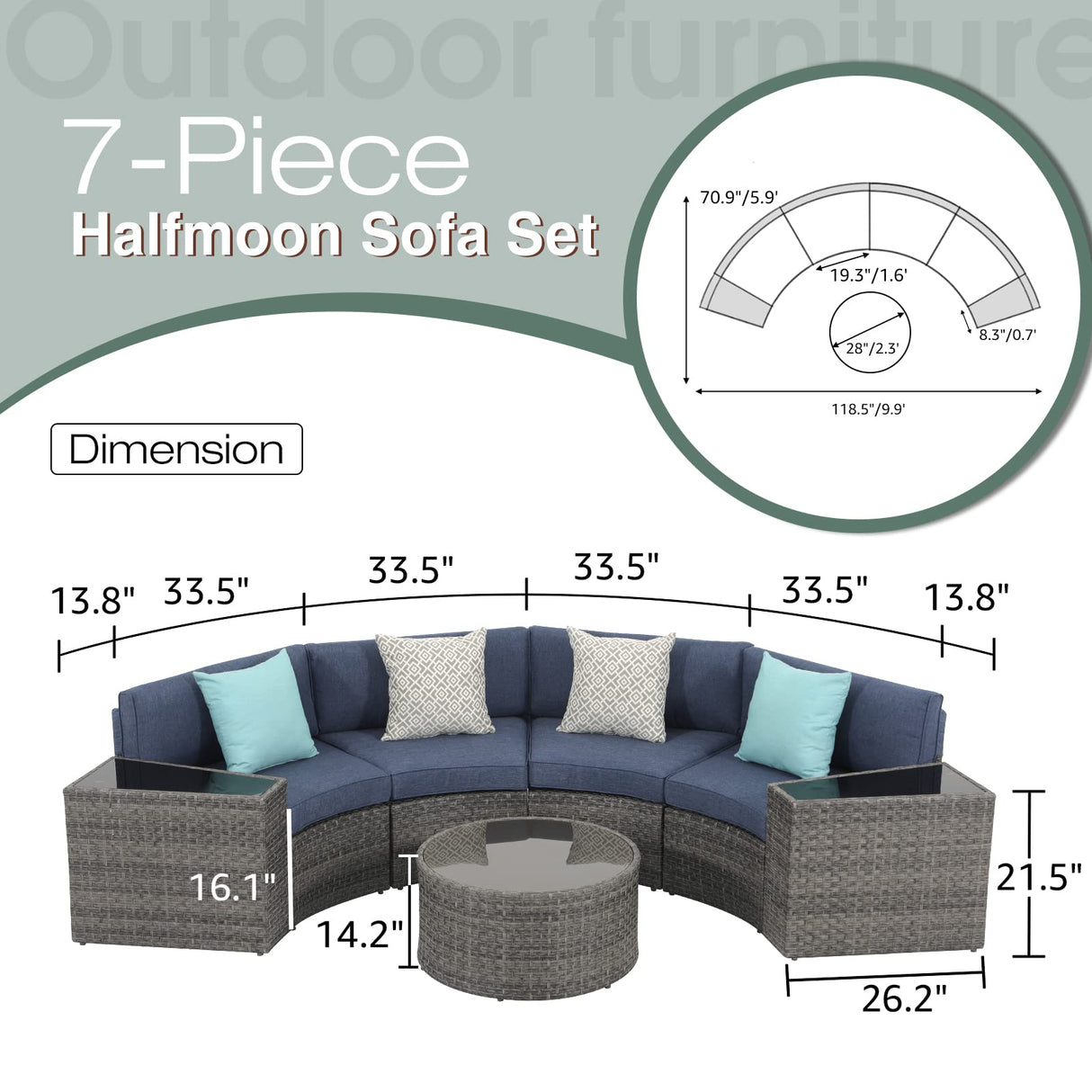 JOIVI 7-Piece Outdoor Patio Furniture Set, Sectional Half-Moon Sofa, Coffee Table, 4 Pillows, Cushion, with Waterproof Cover, for Garden, Backyard, Porch, Sunroom or Pool