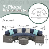 JOIVI 7-Piece Outdoor Patio Furniture Set, Sectional Half-Moon Sofa, Coffee Table, 4 Pillows, Cushion, with Waterproof Cover, for Garden, Backyard, Porch, Sunroom or Pool