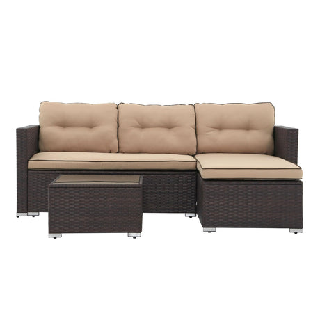 JOIVI 3 Pieces Patio Conversation Set, PE Wicker Rattan Outdoor Furniture Set, 2 Ways Small Sectional Sofa with Cushions, Tempered Glass Coffee Table