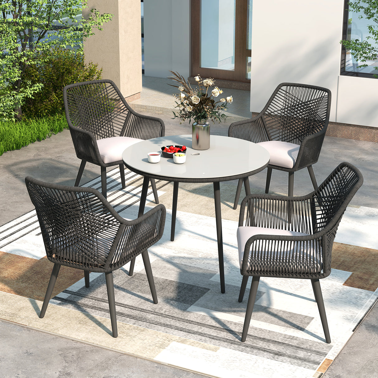 JOIVI 5-Piece Outdoor Patio Dining Set with Rattan Dining Chairs for 4-Person & Tempered Glass Table, 2.16” Umbrella Hole