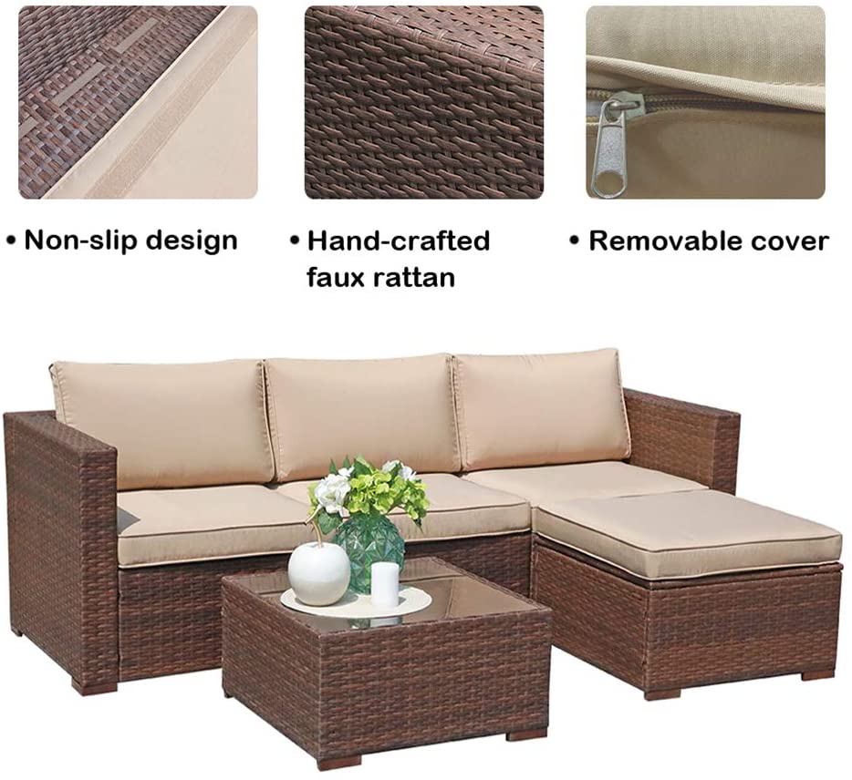 JOIVI 2 PCS Outdoor Patio Ottoman with Thick Cushions,Brown - JOIVI